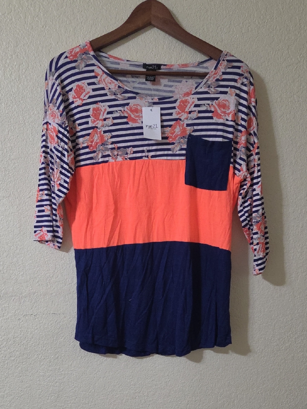 Rue21 Floral Stripe Colorblock Top in Coral and Navy